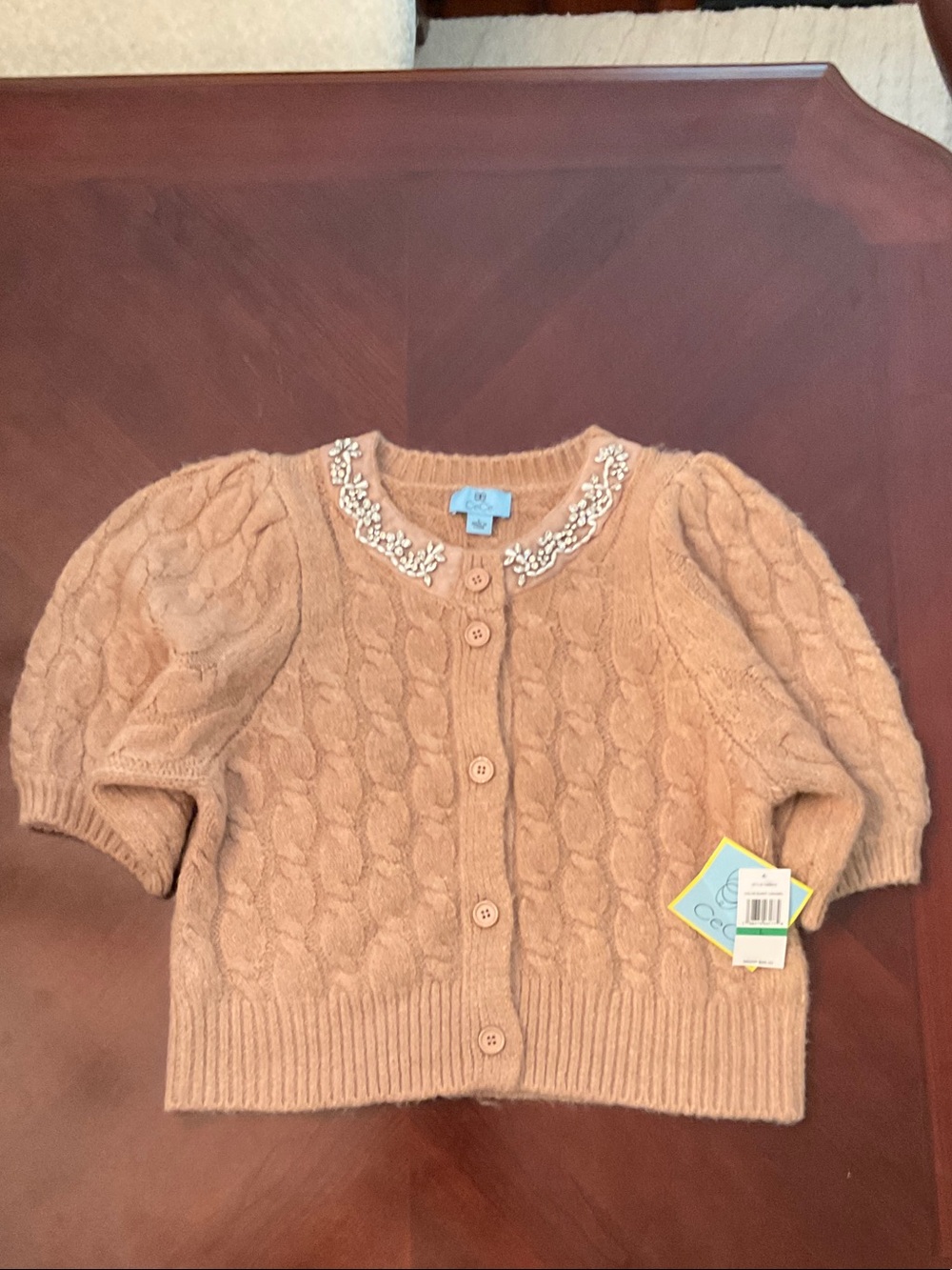 CeCe Camel Cable Knit Cardigan with Beaded Collar